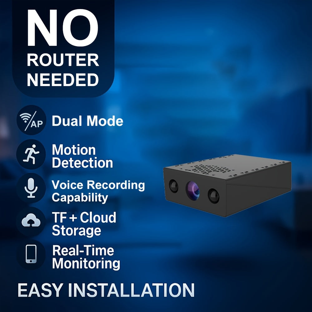 1080P Mini Wireless Security Camera – Night Vision, Motion Detection, Built-In AP Hotspot, No Internet Needed, Voice Recording, Cloud Storage, Easy Install for Home, Garage, Baby & Pet Monitoring