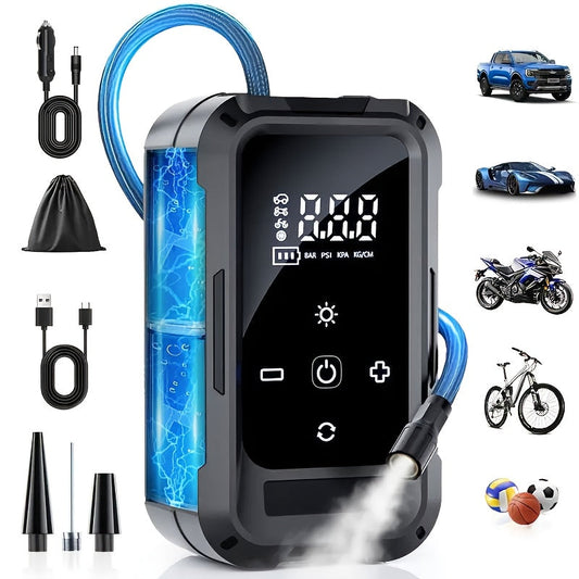 Portable Cordless Tire Inflator – Smart Wireless Air Compressor with Digital Tire Pressure Gauge & LED Light for Cars, Motorcycles, Bicycles & Balls, Type-C Fast Charging