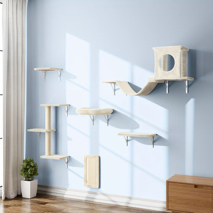 Wall Mounted Cat Climbing Shelf Set 7-Piece – Deluxe Indoor Cat Furniture with Condo, Shelves, Scratching Post, Bridge Ladder & Tunnel for All Cat Sizes