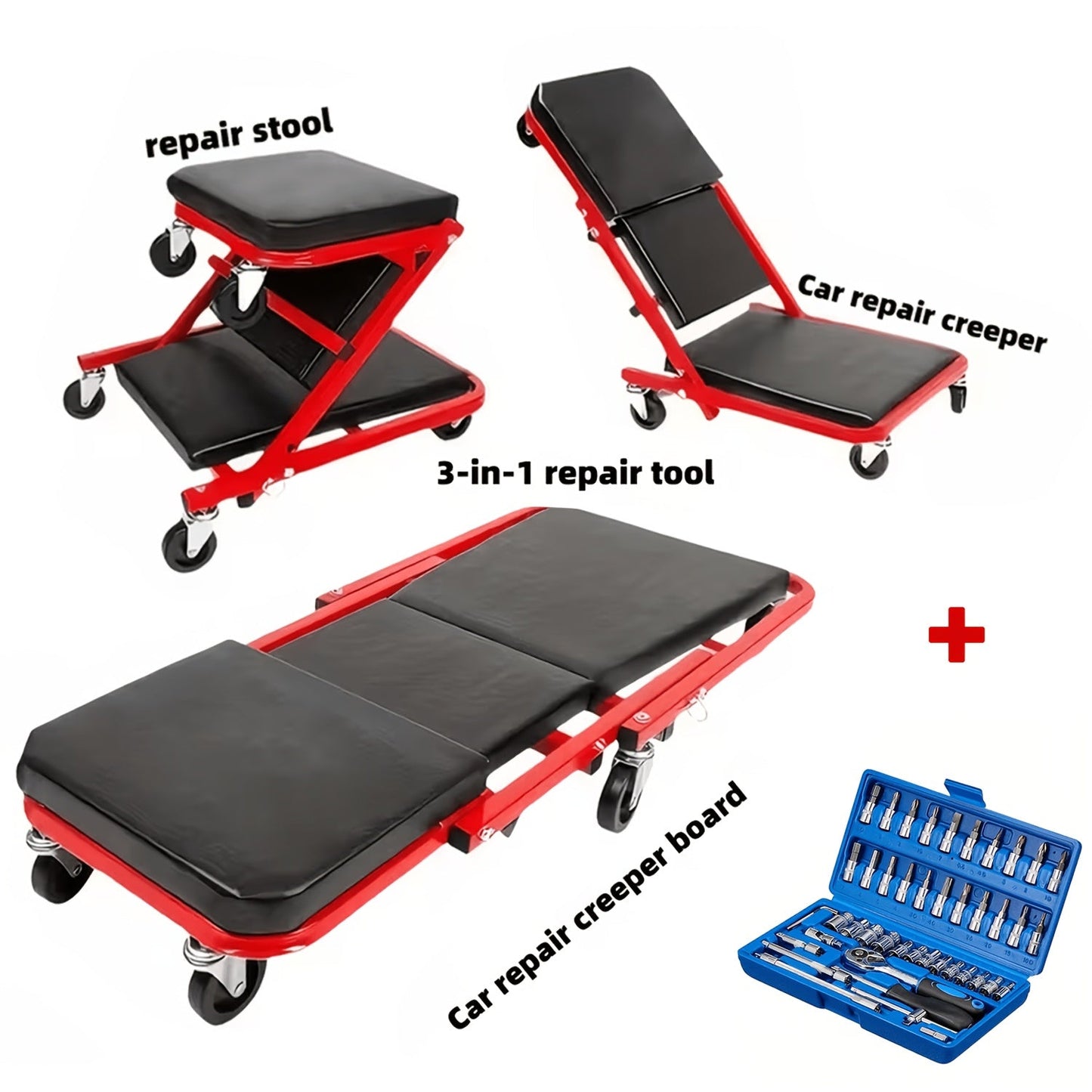 36 Inch Folding Mechanic Creeper Z-Crawl Board with 6 Swivel Wheels – Adjustable Load Board Car Crawl Seat with Tool Kit, Deck Repair & Tire Repair Accessories, DIY Auto Mechanic Gift for Men, Husbands & Car Enthusiasts