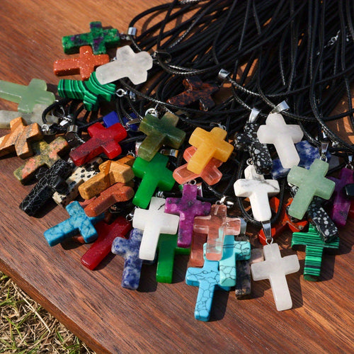 50pcs Natural Stone Cross Pendant and Necklace DIY Set – 25 Colorful Stone Cross Charms + 25 Black Chains for Jewelry Making Bracelets Earrings Craft Teen Gift