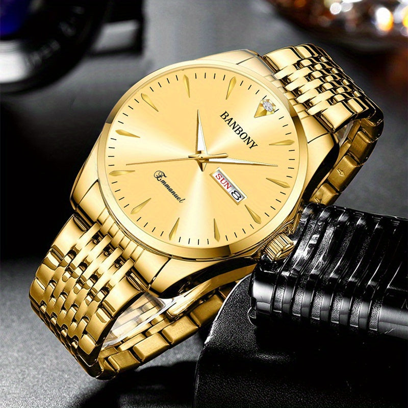 Unisex Stainless Steel Quartz Watch – Rhinestone Accents, IPX7 Waterproof, HD Dial with Date Display, Gold & Silver Tones, Elegant Fashion Wristwatch for Women & Men