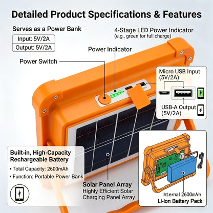 Solar LED Work Light 2000 Lumens with Magnetic Hook – Solar & USB Dual Charging, Adjustable Brightness Rechargeable Spotlight for Camping, Hiking & Outdoor Use – Available in 1, 2, 6 & 10 Pack