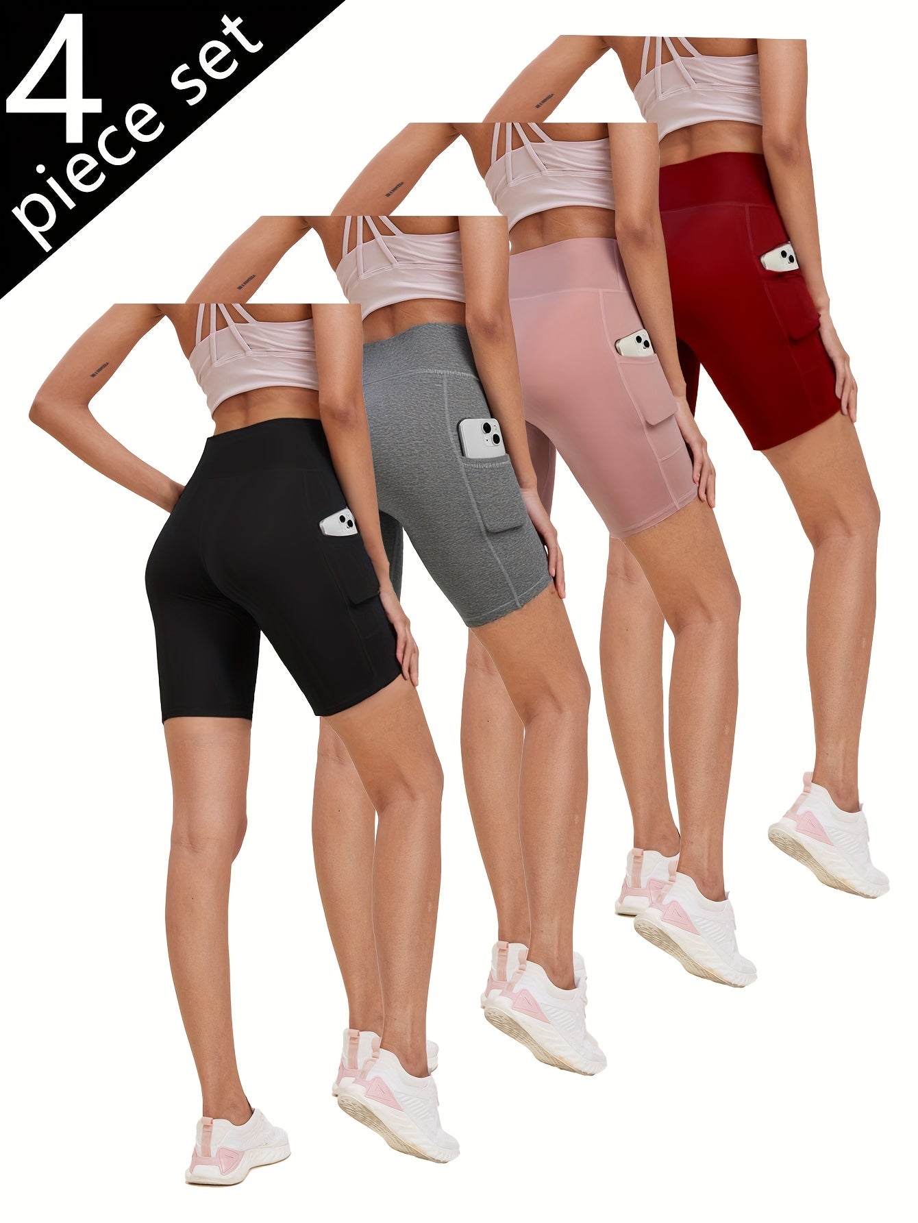 Women's High-Waisted Yoga Shorts 4-Pack Butt-Lifting 5-Pocket – Mid-Stretch Breathable Seamless Workout Shorts for Summer Yoga, Pilates & Gym Training (Red, Black, Gray, Navy Blue)