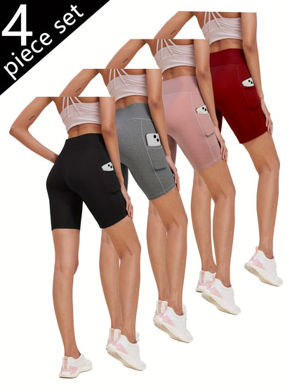 Women's High-Waisted Yoga Shorts 4-Pack Butt-Lifting 5-Pocket – Mid-Stretch Breathable Seamless Workout Shorts for Summer Yoga, Pilates & Gym Training (Red, Black, Gray, Navy Blue)