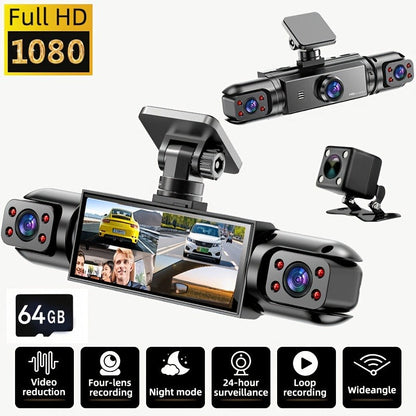 360° 4-Channel Dash Cam 1080P Full Coverage – Front 1080P + 720P Front/Rear/Left/Right, Night Vision WDR G-Sensor Loop Recording, Car Driving Recorder with Optional 32GB/64GB TF Card