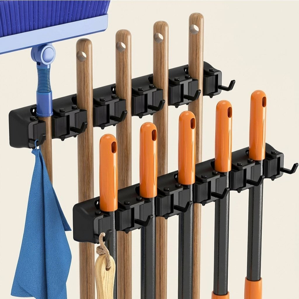 Wall-Mounted Mop and Broom Holder Organizer 5 Slots 6 Hooks Heavy-Duty Non-Slip Cleaning Tool Rack for Home Garage Kitchen Laundry Room Boat – Easy Install on Any Surface
