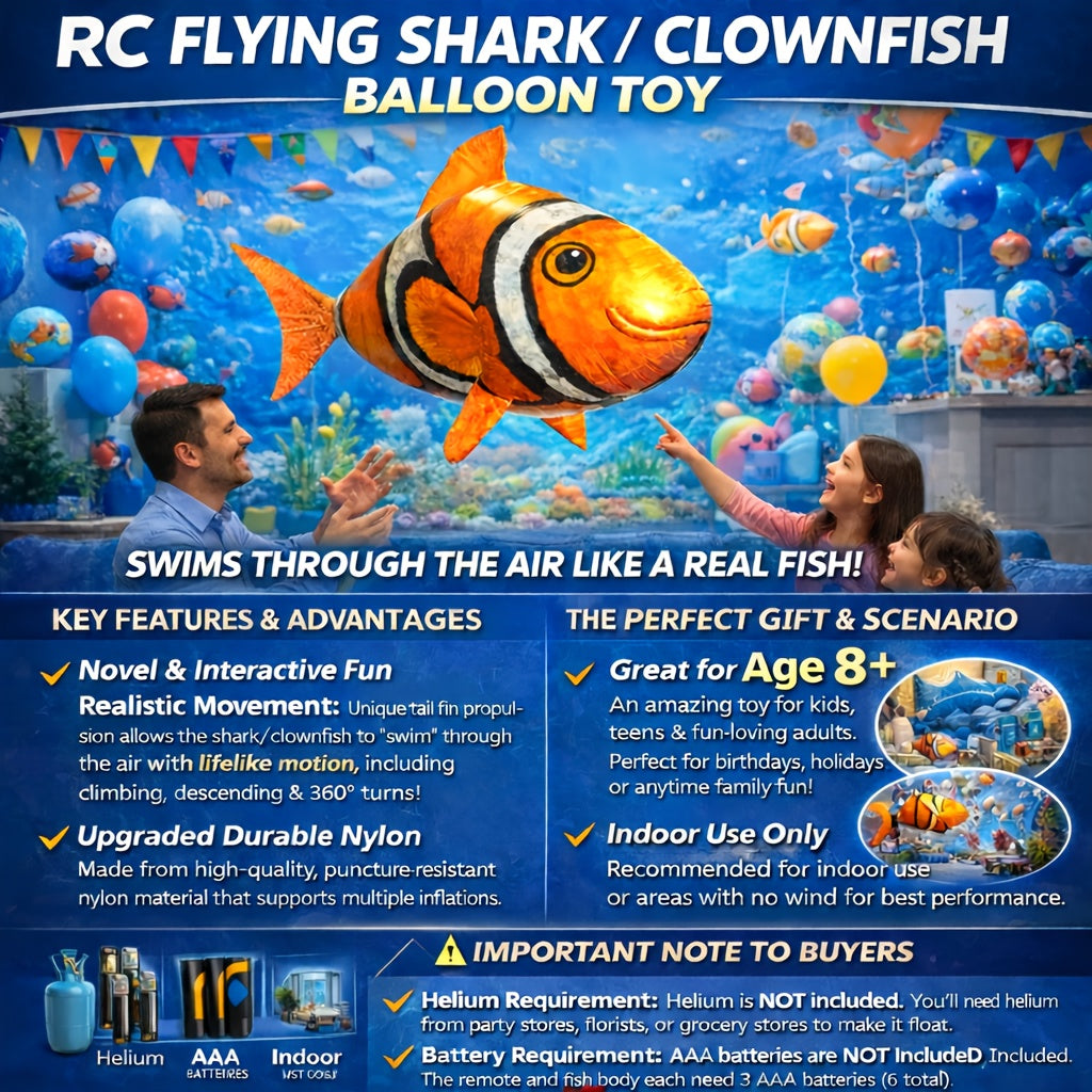 RC Flying Shark Inflatable Balloon Toy Remote Control Gliding Fish Hovers Mid-Air 57 Inch Indoor Outdoor Kids Teens Birthday Christmas Halloween Gift Blue Shark Orange Clownfish