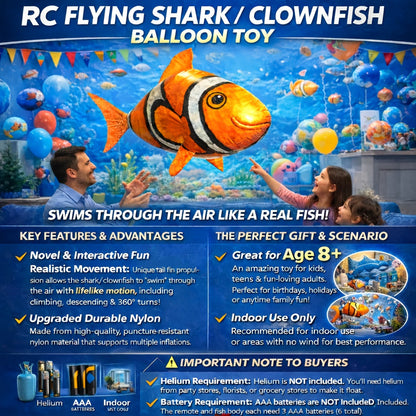 RC Flying Shark Inflatable Balloon Toy Remote Control Gliding Fish Hovers Mid-Air 57 Inch Indoor Outdoor Kids Teens Birthday Christmas Halloween Gift Blue Shark Orange Clownfish