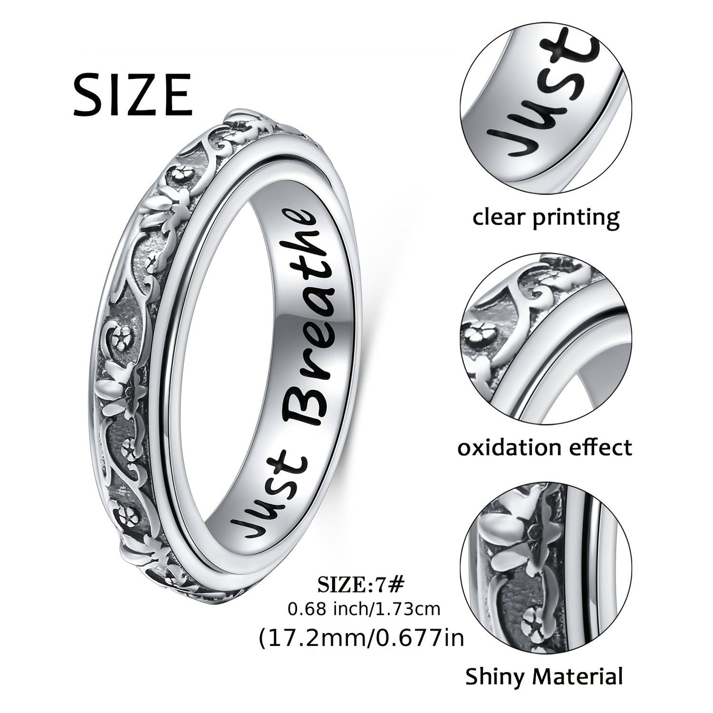 S925 Sterling Silver Lotus Flower Spinner Anxiety Ring – Just Breathe Oxidized Fidget Band for Stress Relief ADHD Autism Yoga, Unisex Worry Ring Sizes 8-12 Gift for Women Men