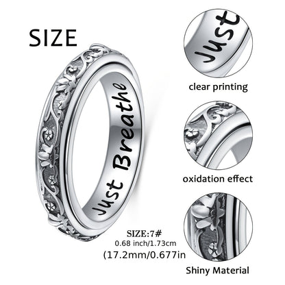 S925 Sterling Silver Lotus Flower Spinner Anxiety Ring – Just Breathe Oxidized Fidget Band for Stress Relief ADHD Autism Yoga, Unisex Worry Ring Sizes 8-12 Gift for Women Men