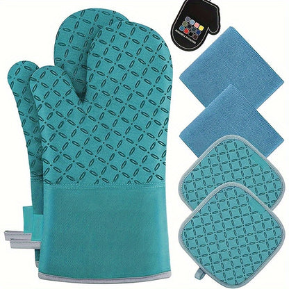 Oven Mitts and Pot Holders Set 6 Piece Heat Resistant Non-Slip Silicone Kitchen Gloves for Baking BBQ Cooking – Includes 1 Pair Mitts & 4 Pot Holders