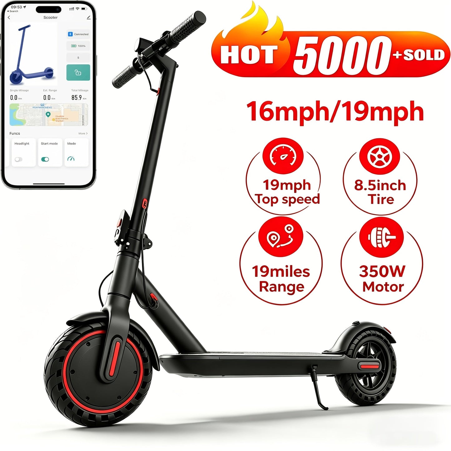 Electric Scooter for Adults 350W/500W Motor Foldable E-Scooter 19MPH Long Range 19 Miles Anti-Skid Solid Tires LCD Display Dual Brake Commuting Scooter with LED Lights Adjustable Speed