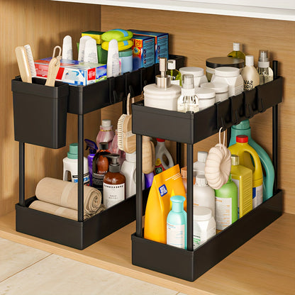 Under Sink Organizer 2-Pack Double-Tier Sliding Baskets 8 Hooks Expandable – Kitchen Bathroom Cabinet Storage Rack Organization Moonlight White Black Gray