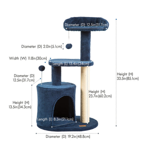 Cat Tree 32 Inch for Indoor Cats – Cozy Condo, Sisal Scratching Post, Plush Perches & Pompom Toys, Denim Blue Cat Tower for Small Medium Cats, Great Cat Furniture Gift