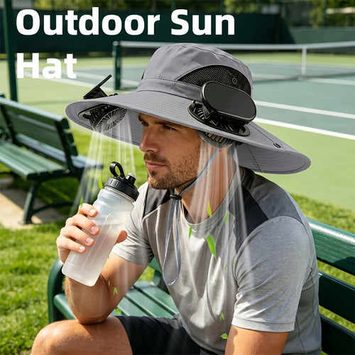 Men's Wide Brim Sun Hat with 2 Built-In Fans – Breathable UV Protection Fishing Hat for Outdoor Camping Hiking Beach Summer