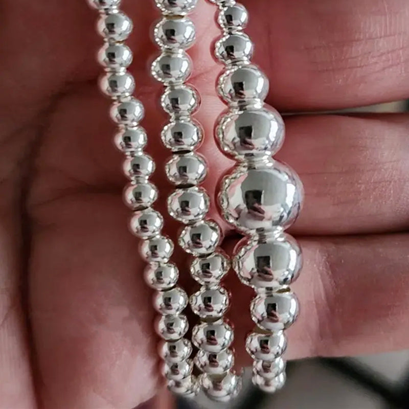 S925 Sterling Silver Beaded Bracelet Set for Women 3pcs – Handcrafted Stackable Round Bead Bracelets, Minimalist Daily Wear & Valentine’s Day Gift, Total Weight 15.68g
