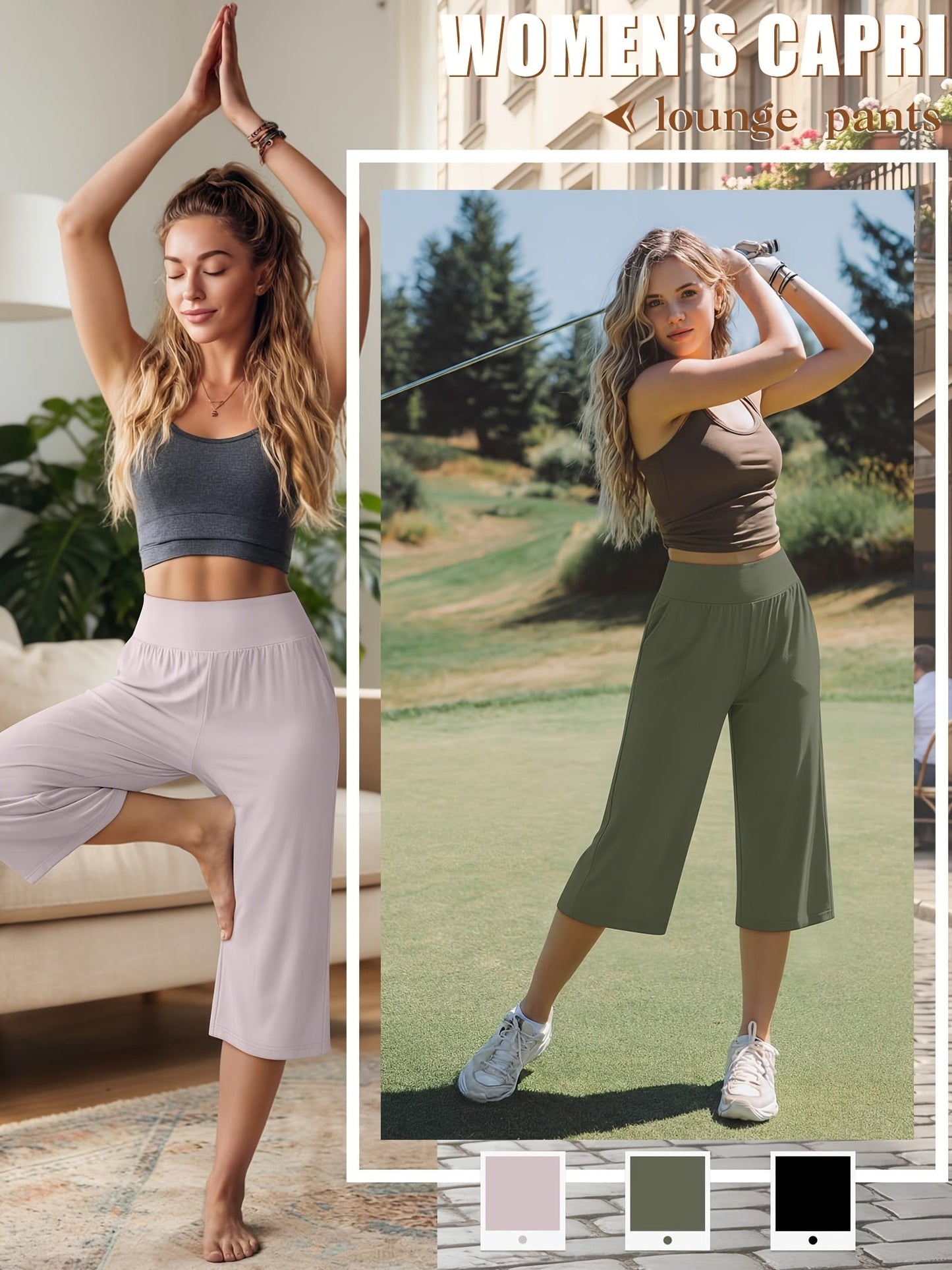 Women's Capri Pants 3-Pack – Loose Lounge Cropped Sweatpants Joggers with Pockets & Elastic Waist, Yoga Capri for Spring Summer Fall Casual Weekend Wear