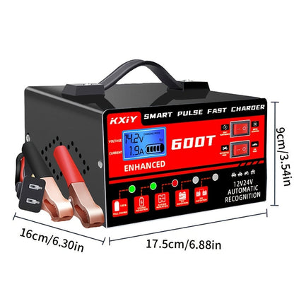 Smart Universal Battery Charger for 12V & 24V – LCD Screen, Pulse Repair & Temperature Regulation, Trickle Charger Maintainer for Car, Truck, Motorcycle, Boat, Lawn Mower & Harvester Batteries