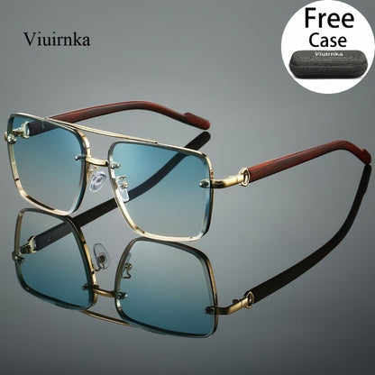Square Fashion Glasses with Wood Grain Temples for Men Women – Double Beam Retro Design Gradient Lens Sunglasses Unisex for Driving Travel Street Photography Gift with Case