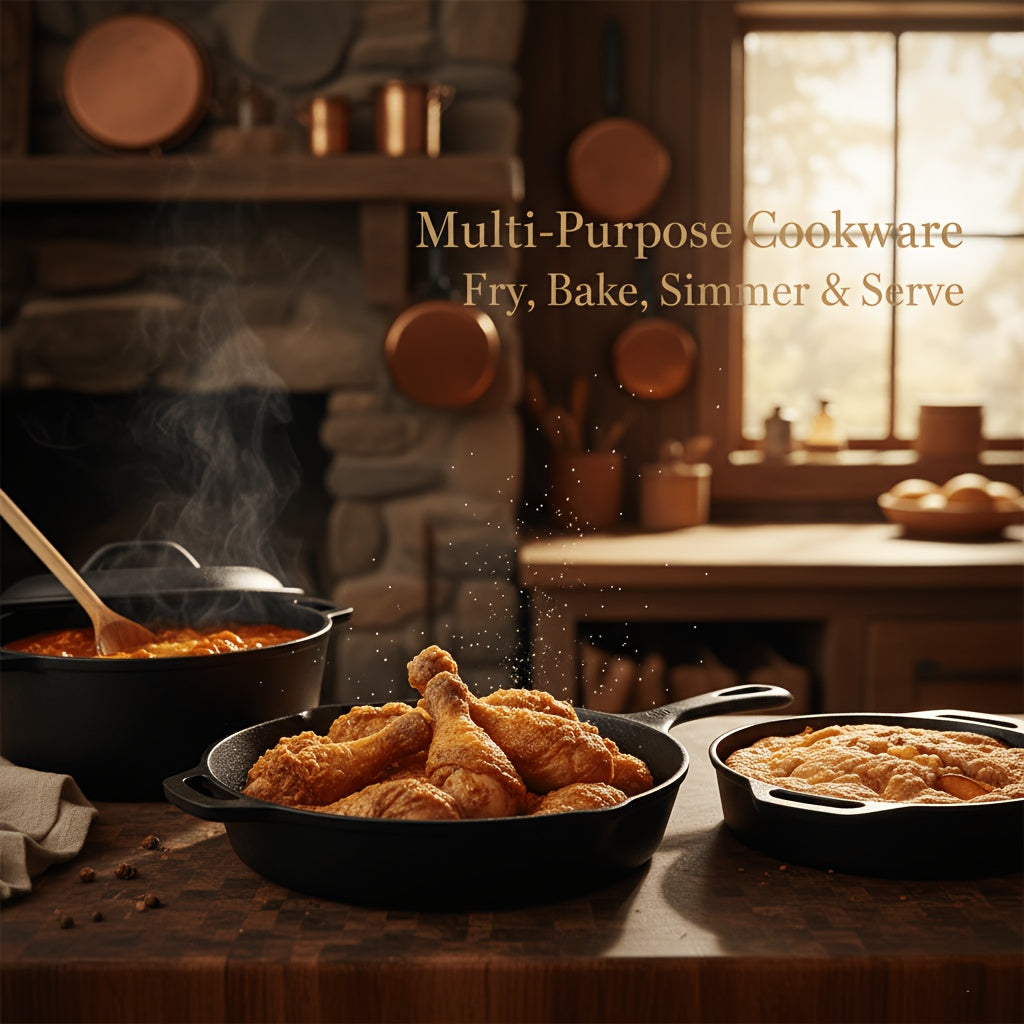 Cast Iron Cookware Set 6-Piece Non-Stick Skillet Dutch Oven Grill Pan Kit for Induction Gas Campfire BBQ Outdoor Cooking Kitchen