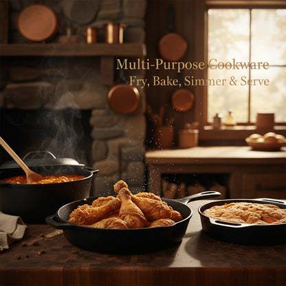 Cast Iron Cookware Set 6-Piece Non-Stick Skillet Dutch Oven Grill Pan Kit for Induction Gas Campfire BBQ Outdoor Cooking Kitchen