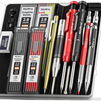 Carpenter Pencil Set with Sharpener – Mechanical Pencils with Refills, Automatic Center Punch & Carbide Scribe Tools in Sturdy Case, 15/16/17/18/27-Piece Pro Marking Kit for Woodworking