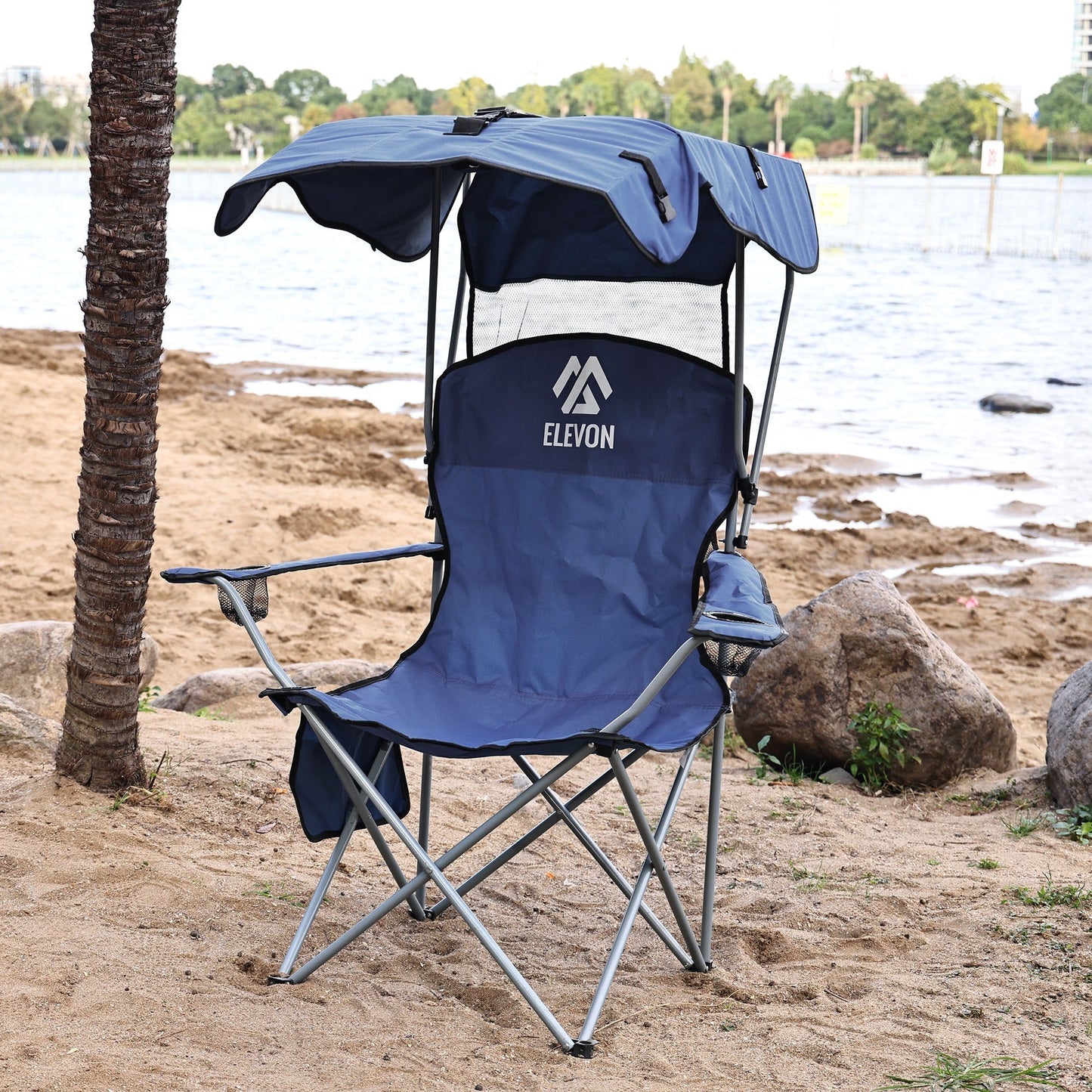 Folding Camping Chair with Tilting Canopy Sunshade – 225LBS Capacity, 22.8" Wide Seat, Mesh Cup Holder & Carry Bag, Portable Beach Lawn Chair for Camping, Hiking & Outdoor Events – 9 Color Options