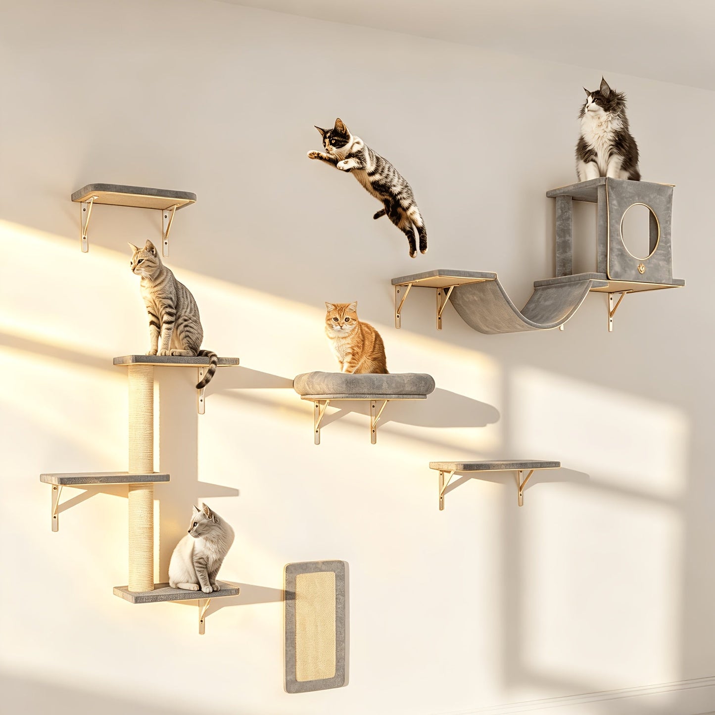 Wall Mounted Cat Climbing Shelf Set 7-Piece – Deluxe Indoor Cat Furniture with Condo, Shelves, Scratching Post, Bridge Ladder & Tunnel for All Cat Sizes