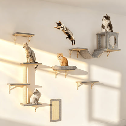 Wall Mounted Cat Climbing Shelf Set 7-Piece – Deluxe Indoor Cat Furniture with Condo, Shelves, Scratching Post, Bridge Ladder & Tunnel for All Cat Sizes