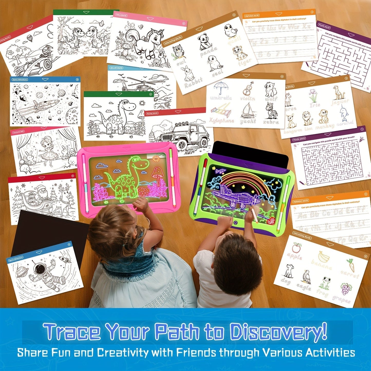 LED Light-Up Drawing Doodle Board for Kids Ages 3-8 – Glow Writing Art Set with 9 Double-Sided Cards & 6 Markers, Educational Learning Travel Toy, Birthday & Christmas Gift for Girls Boys