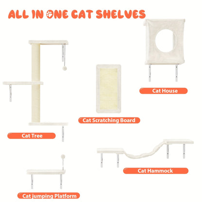 Cat Wall Shelves 5-Piece Set - Wall-Mounted Floating Cat Perch, Climber & Bridge, Modern Cat Furniture for Indoor Cats, Cat Tree Alternative with Cat Bed Platform, Space-Saving Cat House