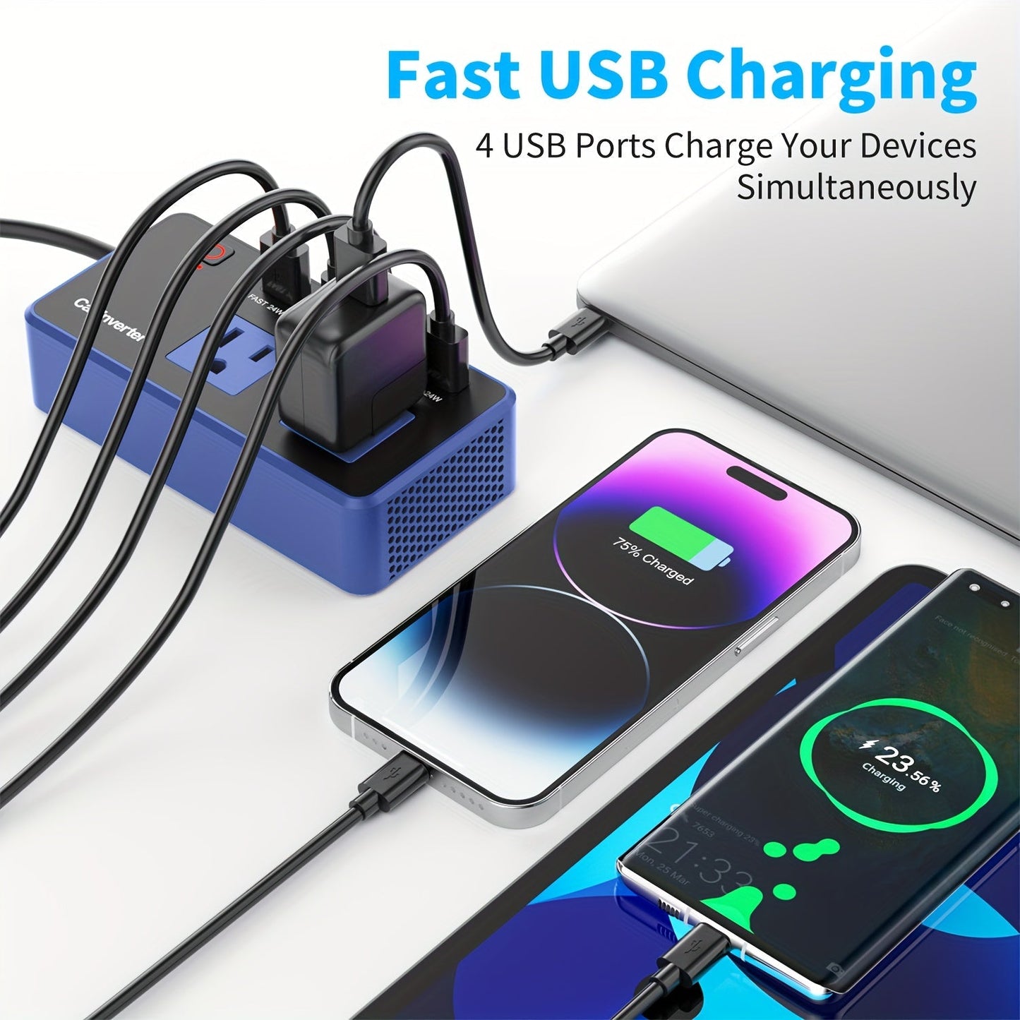 200W Car Power Inverter DC 12V to 110V AC with PD 24W & QC 24W Quick Charge – Dual Fast Charging Vehicle Adapter for Car Office, Work from Car, Camping & Road Trip