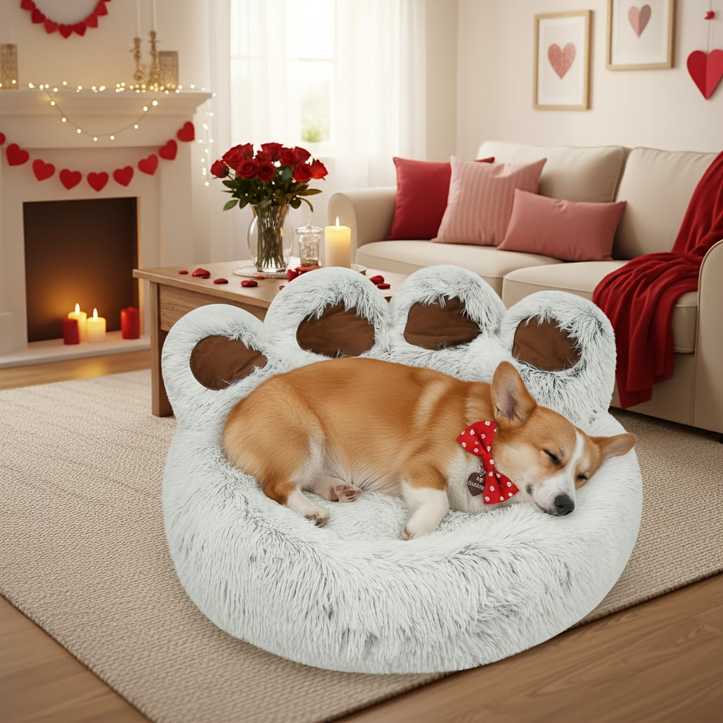 Bear Paw Shaped Donut Dog Bed & Cat Bed – Calming Warm Soft Plush Round Pet Mattress with Bonus Pet Scarf S M L XL 2XL Coffee Pink Grey Brown for Small Medium Large Dogs Cats