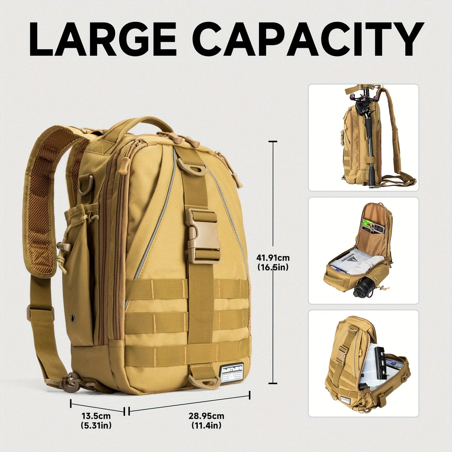 Fishing Backpack Tackle Sling Bag with Rod Holder – Waterproof Hiking Daypack Fly Fishing Bag for Men Women, Tackle Box Storage, Gift for Fisherman Dad