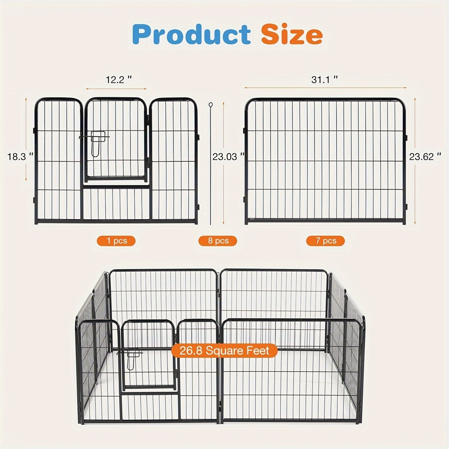 Portable Dog Playpen 8/16 Panels Heavy Duty Pet Exercise Pen for Large Medium Small Dogs Indoor Outdoor Use RV Camping Garden Yard Puppy Rabbit Animal Pen