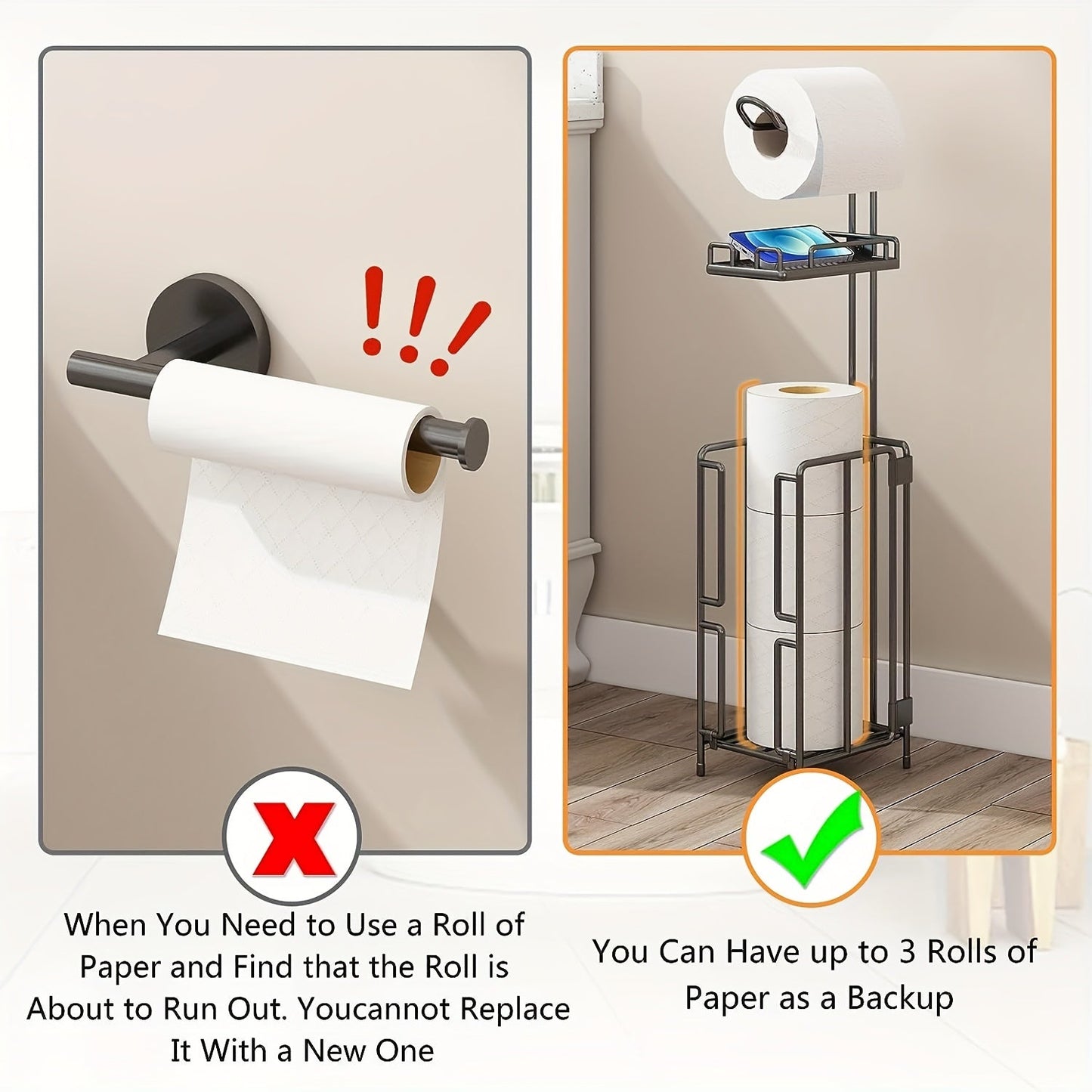 Freestanding Toilet Paper Holder Metal Stand 3 Reserve Roll Storage | No Drilling Modern Bathroom TP Dispenser | Floor Standing Toilet Paper Organizer | Housewarming Gift | Black
