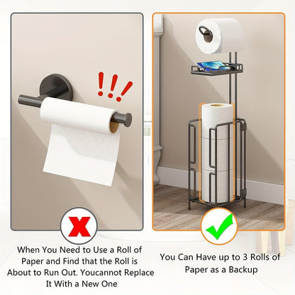 Freestanding Toilet Paper Holder Metal Stand 3 Reserve Roll Storage | No Drilling Modern Bathroom TP Dispenser | Floor Standing Toilet Paper Organizer | Housewarming Gift | Black