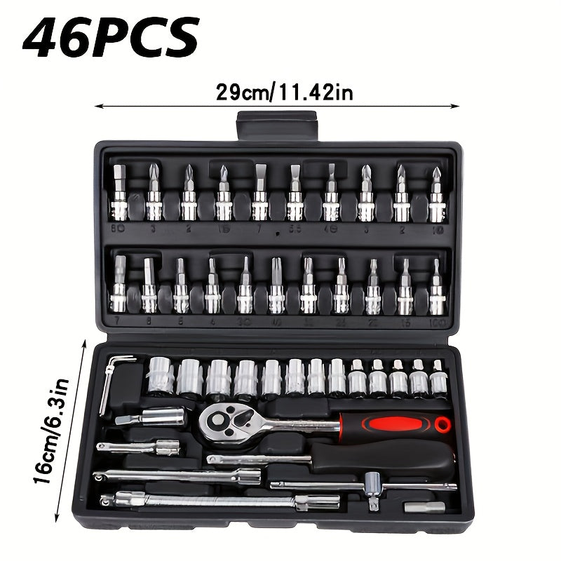 46pcs Home & Car Repair Tool Set – Ratchet Torque Wrench, Screwdriver & Socket Kit for Car, Motorcycle, Bicycle & Household Repairs