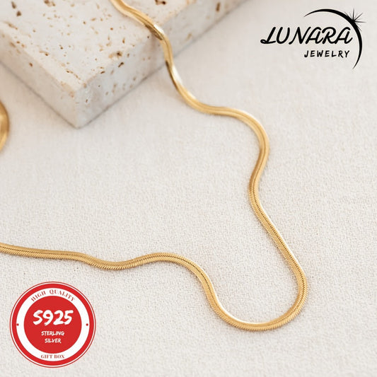24K Gold Plated Herringbone Snake Chain Necklace 925 Sterling Silver 3.5mm Flat Chain for Women Men Gift Box Included 18-24 Inch