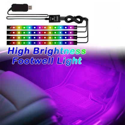 RGB Car LED Interior Light Kit 4-Piece Footwell Underglow Strip Lights, 16 Colors USB Powered with Remote, DIY Ambient Lighting for All Vehicles Cars Trucks SUVs