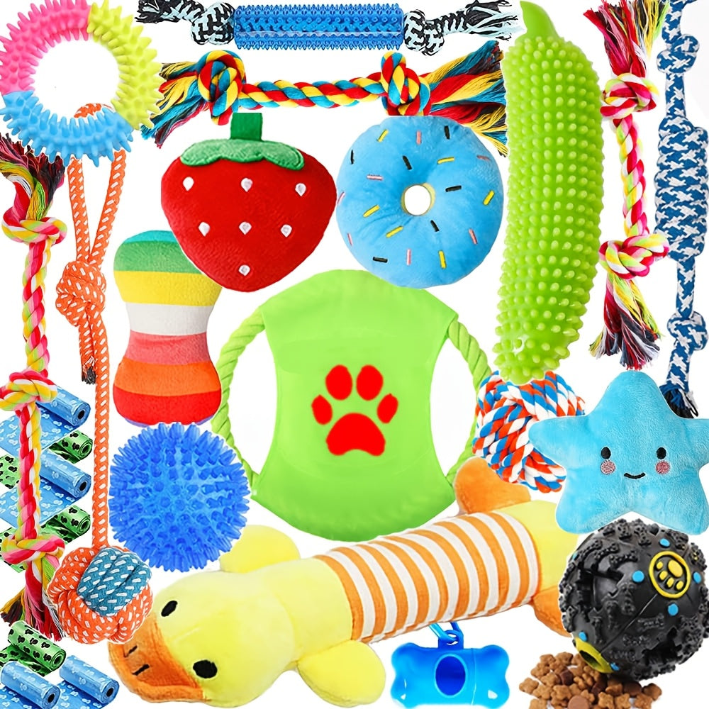 25pcs Dog Toys Set for Small Dogs & Puppies – Chew Toys, Squeaky Toys, Rope Tug, Teething Toys, Treat Dispenser Balls, Interactive Play Bundle