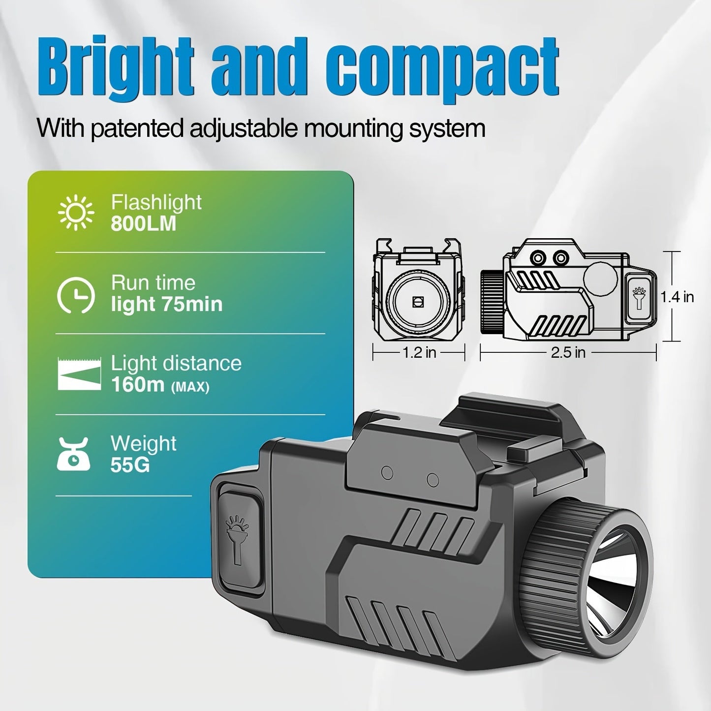 800 Lumen Rechargeable Tactical Flashlight for Picatinny Rail – Compact Pistol & Handgun Weapon Light for Home Defense, Law Enforcement & Range Training, USB Rechargeable LED Gun Light