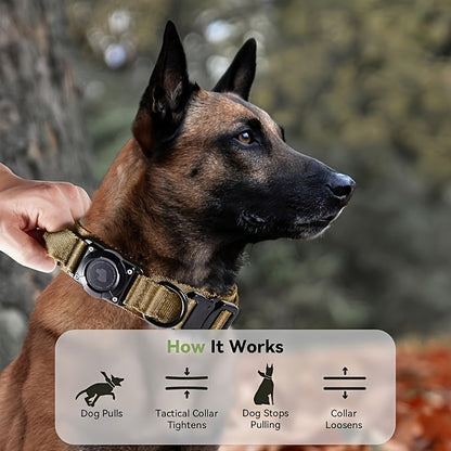 Tactical Dog Collar with AirTag Holder & Handle – Heavy Duty PC Nylon, Adjustable M/L/XL for Medium Large Dogs, Military Style Training Collar with Control Handle
