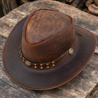 Genuine Leather Cowboy Hat for Men and Women Western Australian Wide Brim Shapeable UV Protection Vintage Brown Hat with Chin Cord Sizes S to 3XL