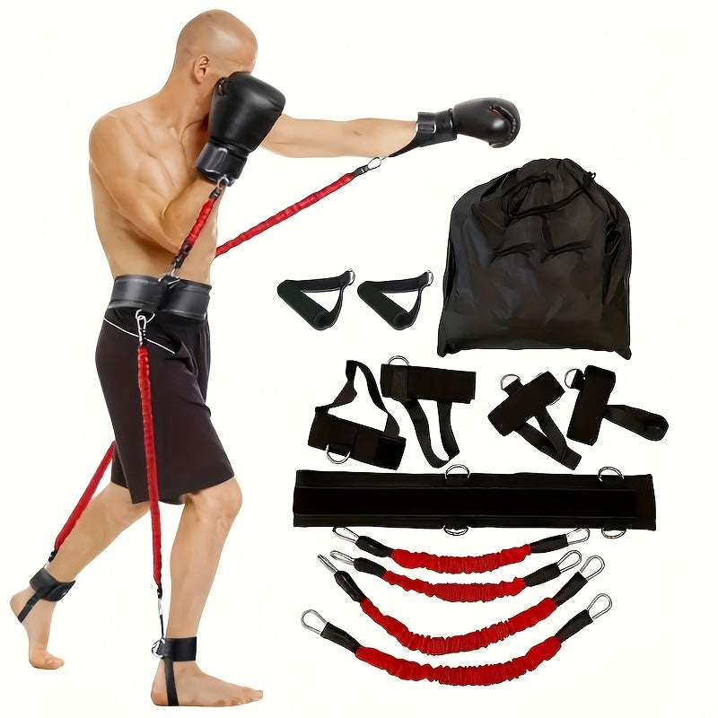 Boxing Resistance Band Set 12pcs 150lb Heavy-Duty | MMA Martial Arts Training Straps | Leg Arm Full Body Strength Speed Trainer | Home Gym Boxing Taekwondo Kickboxing | Black Red