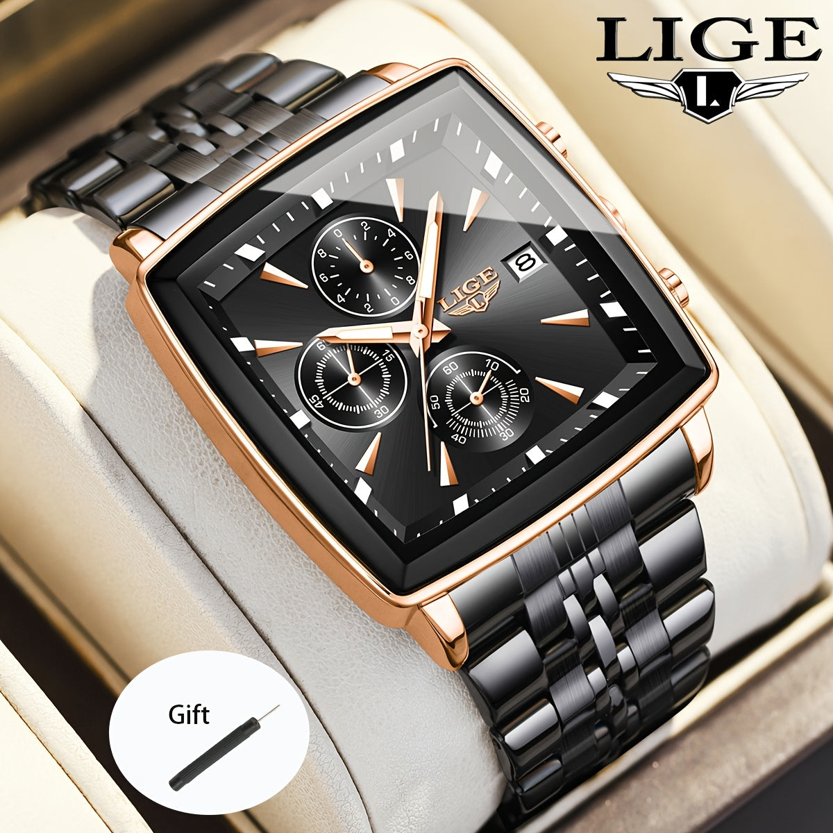 LIGE Men's Square Analog Quartz Watch – Stainless Steel Strap Calendar Display, Preppy Sport Fashion Wristwatch for Men Teens, 8 Color Options, Birthday Graduation Gift Blue Black Gold