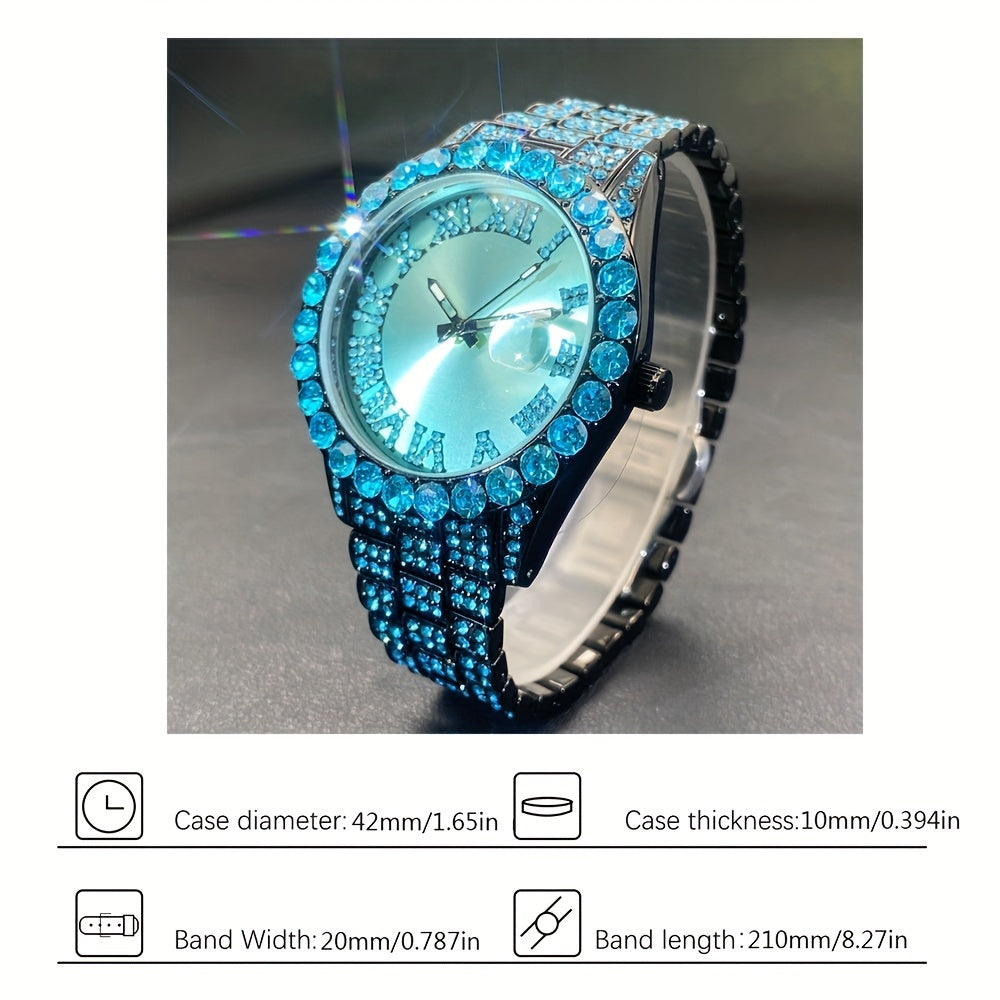 Rhinestone Couples Watch Set Luxury Quartz Movement Calendar Luminous Display for Men Women Red and Ice Blue Rhinestone Party Fashion Gift Watch