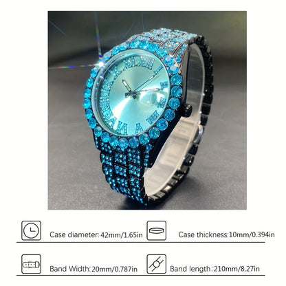 Rhinestone Couples Watch Set Luxury Quartz Movement Calendar Luminous Display for Men Women Red and Ice Blue Rhinestone Party Fashion Gift Watch