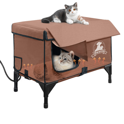 3-in-1 Heated Cat House with Removable Warming Pad & Elevated Bed – Chew-Resistant Cord, Double Door, All-Season Indoor Outdoor Cat Shelter Cave Condo for Cats Kittens & Small Dogs